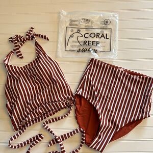 Women's Striped Coral Reef Swim Set - Rust and White